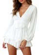 Women's Floral Print Deep V-Neck Romper Double Layer Ruffle Hem Jumpsuits Long Baggy Sleeves