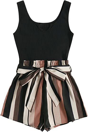 Women's Summer Sleeveless Striped Belted Tank Romper Short Jumpsuit