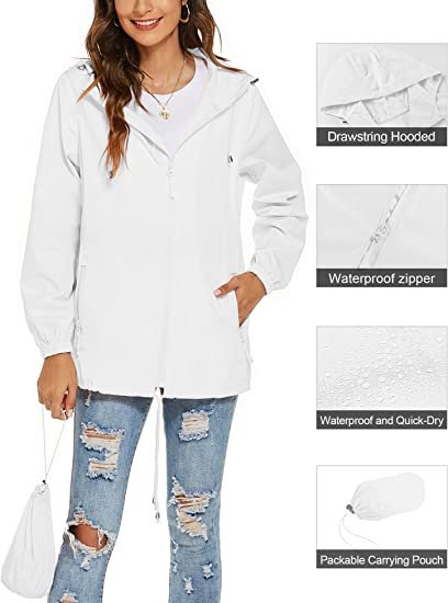 Womens Waterproof Raincoat Lightweight Breathable Rain Jacket Hooded Rain Coat Outdoor Active Windbreaker with Pocket